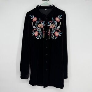 Black Velvet Embroidered Tunic Mini Dress 3XL Boho Folk Button Front Plus Size